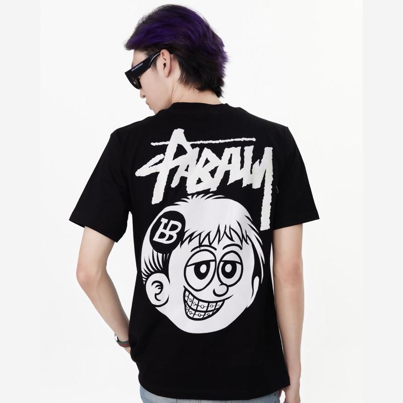 ใหม่อินเทรนด์เสื้อยืดการ์ตูนพิมพ์ผ้าฝ้ายแท้เด็ก ลายไม่ซ้ำ สีดำ แขนสั้น รอบคอลoose ยูนิセックス ครึ่งแขนพร้อมสต็อกผมตรง עיצובสีสดใส