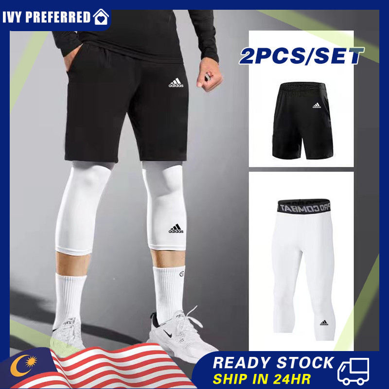 【READY STOCK】2PCS/SET Men's Basketball Pants Suit 3/4 Length Compression Pants with Sports Loose Bla