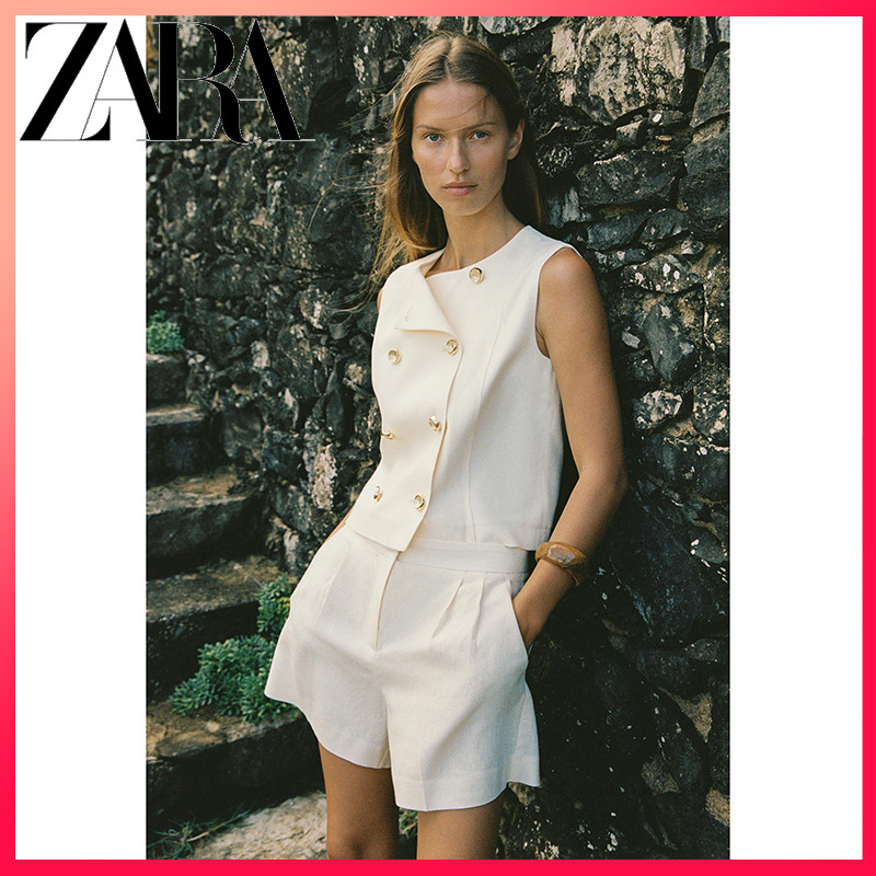 ZARA ซาร่า 25 ฤดูร้อนสินค้าใหม่เสื้อผ้าสตรีผ้าลินินเรียบง่ายผสมเสื้อกั๊กกระดุมสองแถว