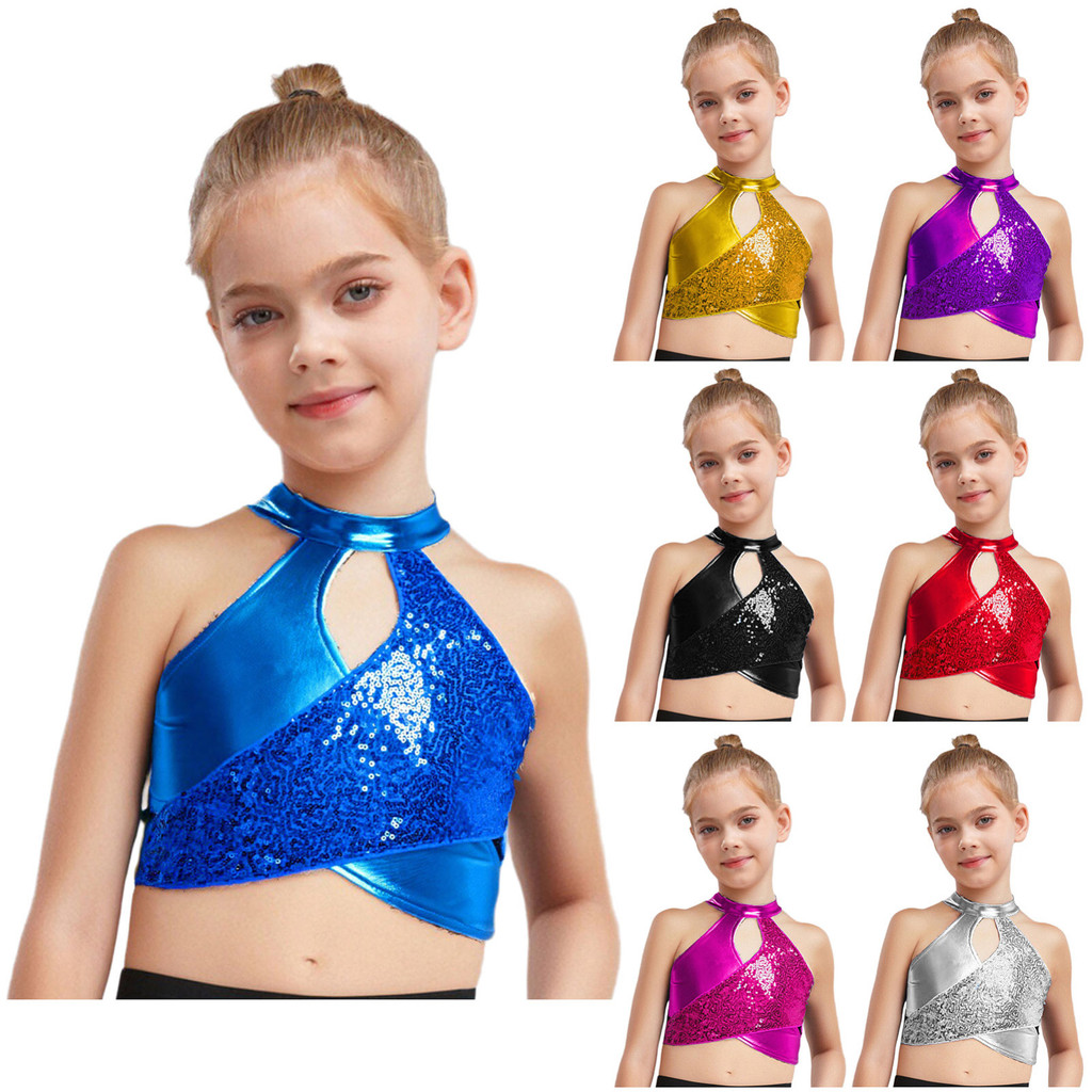 Yeahdor เด็กผู้หญิง Jazz Latin Ballroom Dance เครื่องแต่งกาย Cross Keyhole Sparkly Sequins Metallic Crop Top Dancewear