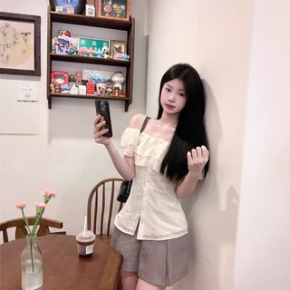Lya Summer เสื้อเชิ้ตแขนสั้นคอปกฝรั่งเศสรูปแบบหวานทันสมัยพร้อมเสื้อตัวสั้นแฟชั่น