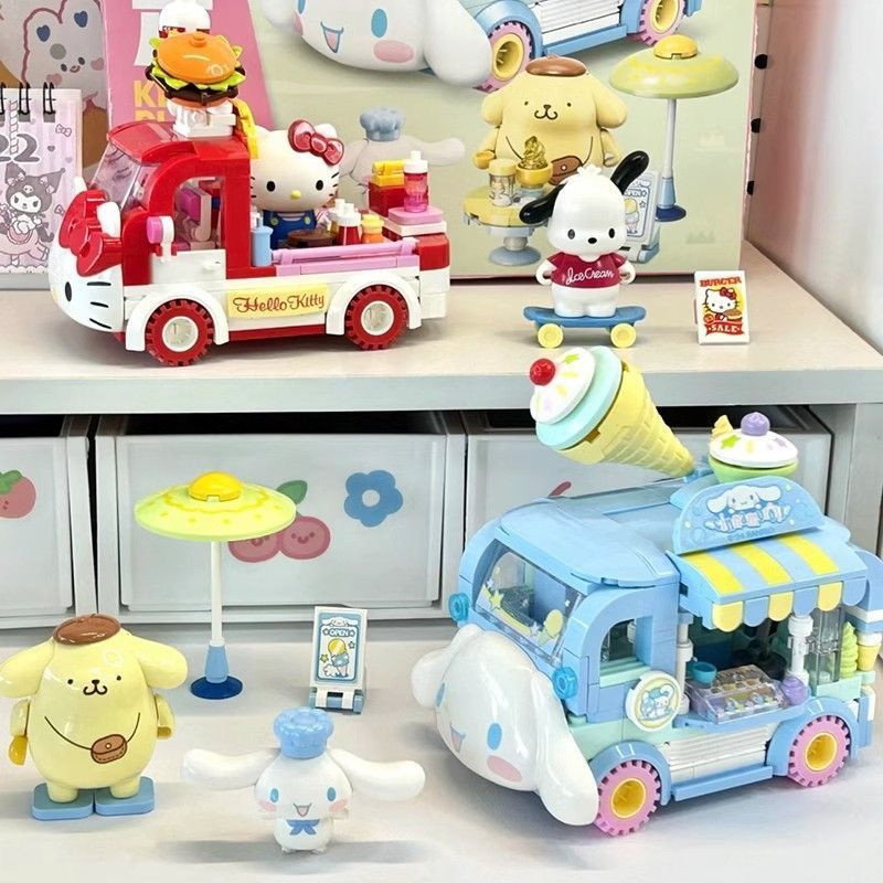 ฟิกเกอร์สินค้าบล็อกตัวต่อของแท้ Hello Kitty รถเบอร์เกอร์ Cinnamoroll รถขนม ของตกแต่งประกอบเพื่อการศึกษา