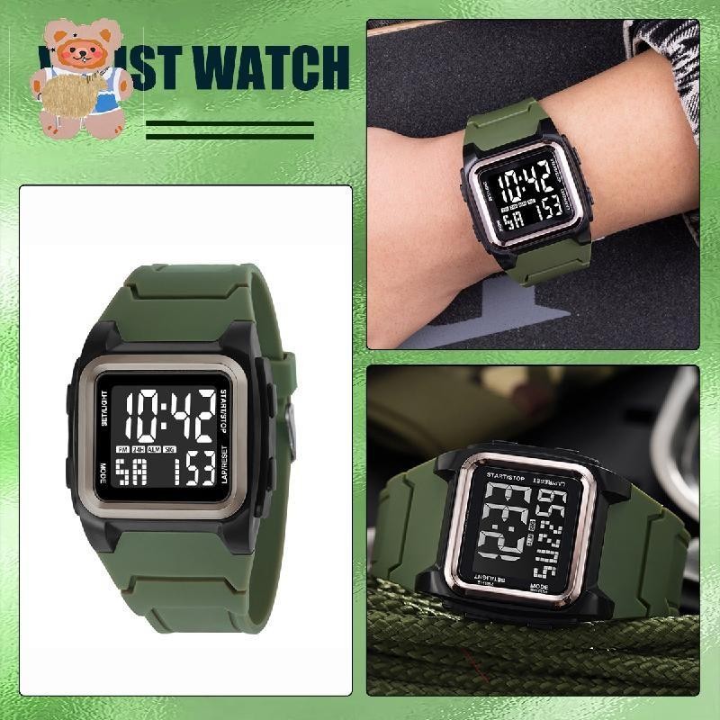 Retro Square นาฬิกาปลุกนาฬิกาผู้ชาย Night Glow, กันน้ํา, มัลติฟังก์ชั่นสําหรับกีฬากลางแจ้งและกีฬา