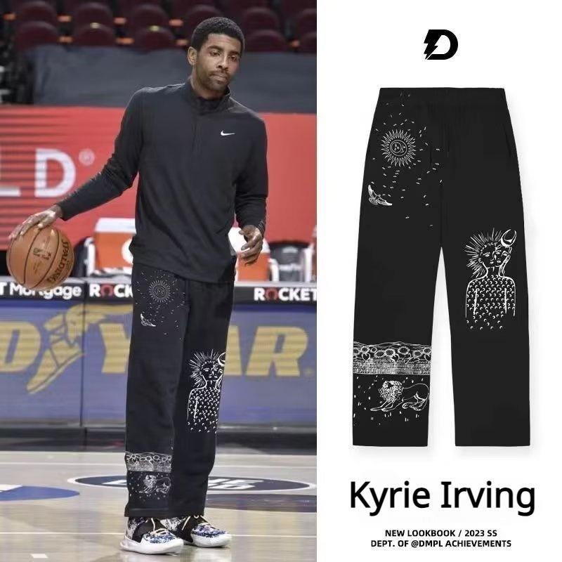 2025 ใหม่ Kyrie Irving Ink พิมพ์อเมริกันผ้าฝ้ายกีฬากางเกงเหงื่อขากว้างตรงสบายๆหลวม Street Hip Hop กา