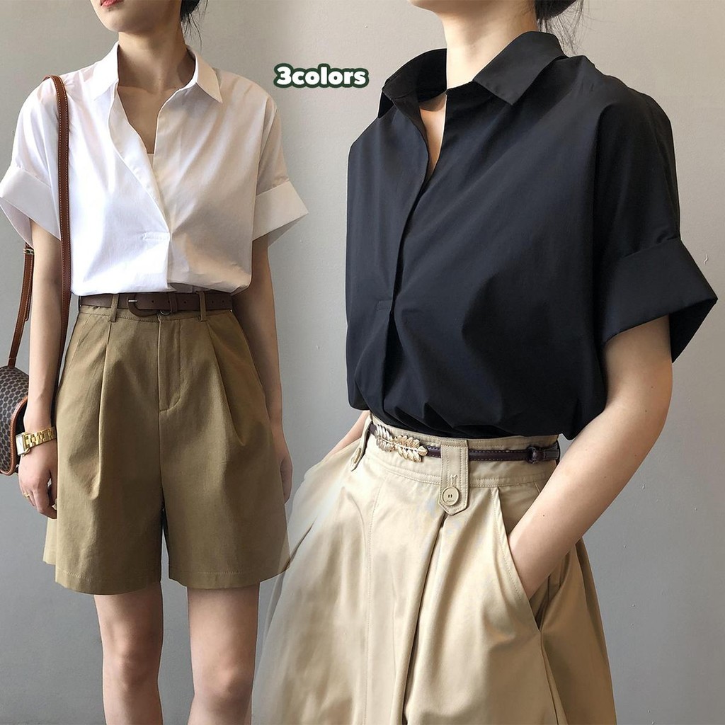 Mimi&Didi เสื้อเชิ้ตแขนสั้นทำงาน คอวีเซ็กซี่ เนื้อผ้าเบาและหรูหรามาก ใส่กับกางเกงและกระโปรงก็ดูดีW495