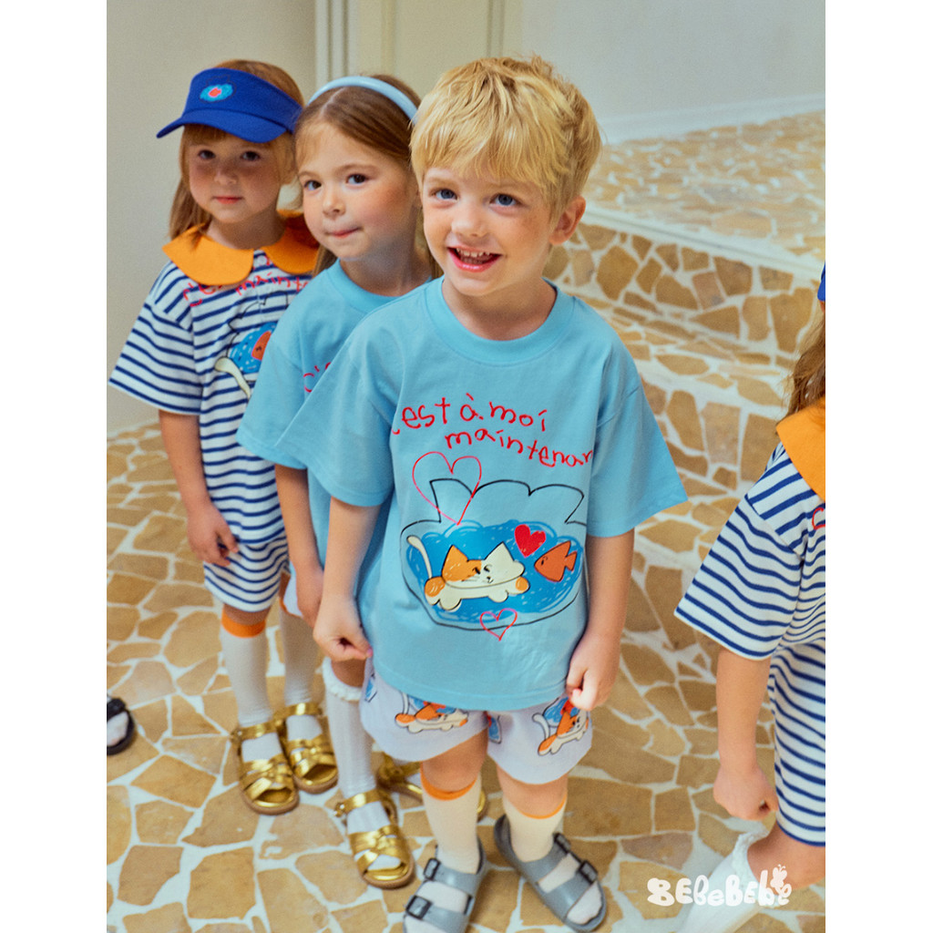 【พร้อมส่ง】ผ้า Sorona นุ่ม เบา เย็น RIS KIDS bebe summer IKS2390 Fish and Meow Set ชุดเสื้อยืดกางเกงขาสั้นเด็ก