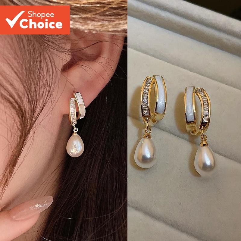 Double Layer C Shape Zircon Drop ต่างหูแฟชั่นเกาหลีต่างหูมุกสําหรับผู้หญิงที่สง่างาม