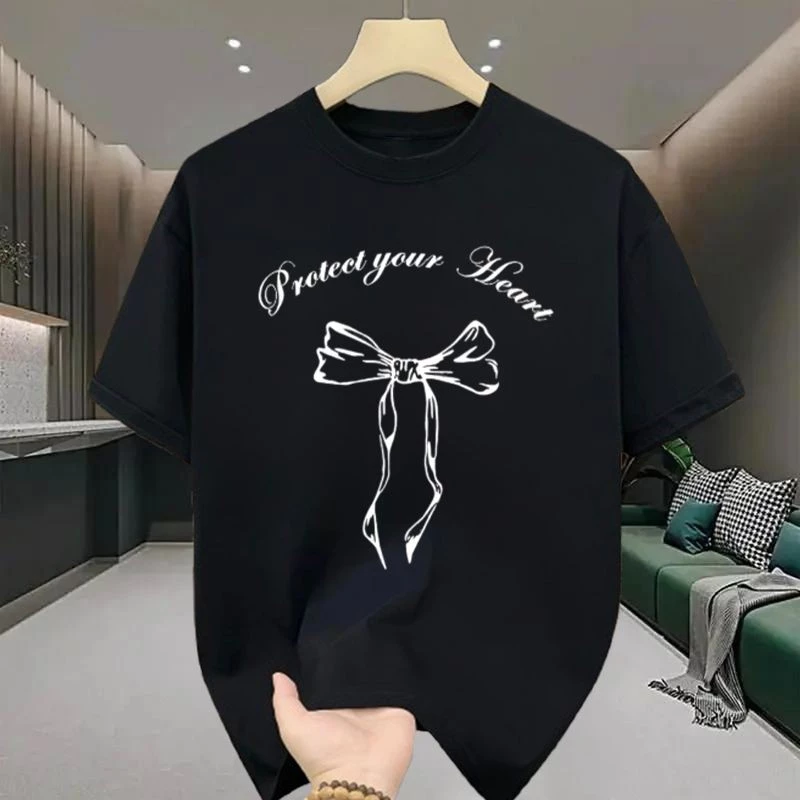 🎀🎀เสื้อโบว์ ผู้หญิง เสื้อยืด oversize คอกลมแขนสั้น พิมพ์ลายน่ารัก แฟชั่่นเสื้อสวยๆ สีพื้น สีขาว-สีดำ สำหรับผู้หญิง