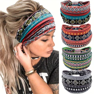 Hippie Bohemian สไตล์ชาติพันธุ์พิมพ์ผ้าโพกศีรษะสีแดง Hairband Crossed Hairband