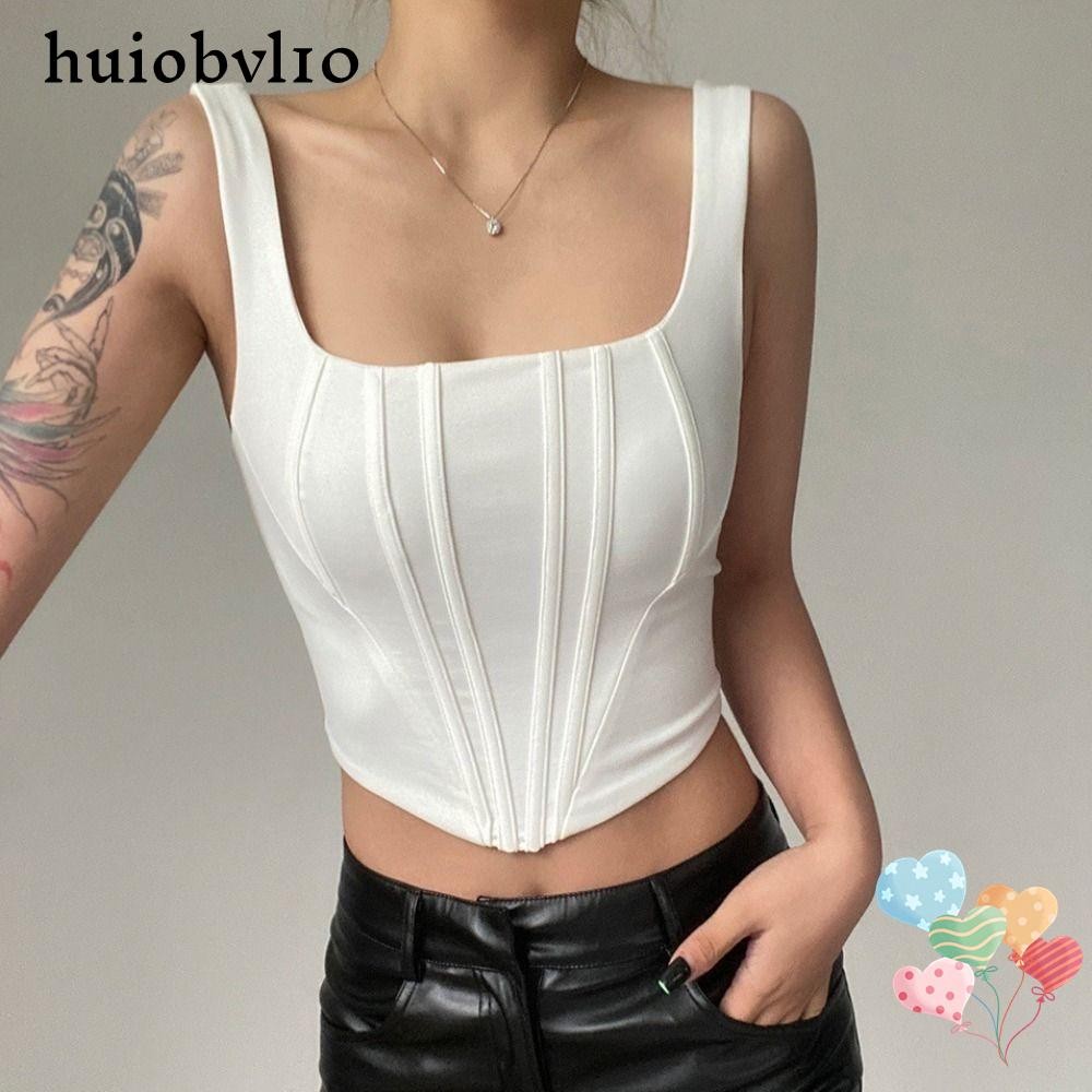 HUIOBVLTH เสื้อครอปสีทึบคอเหลี่ยมเสื้อกล้ามแขนกุด