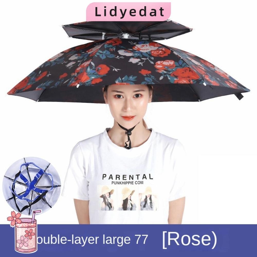 ลิดี้165ร่มหมวก,Double-Layerกันลมพับได้ร่มตกปลาหมวก,หมวก Headwear วงยืดหยุ่นหัวกันน้ําสวมใส่อุปกรณ์กันฝนเดินป่า