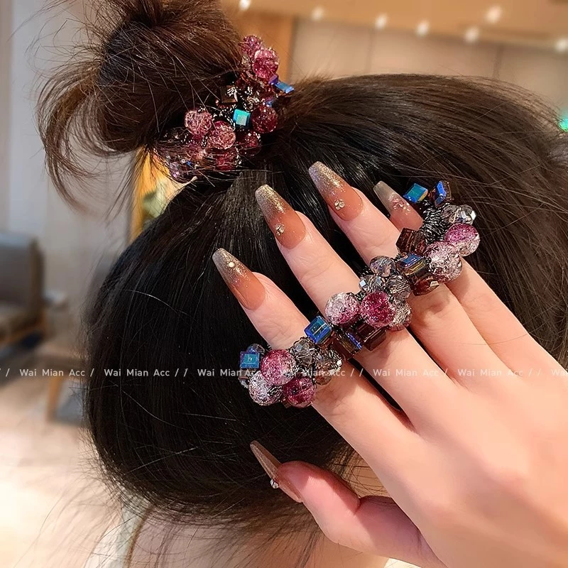 หัวบานเย็นดอกไม้คริสตัล ผมแหวน หัวเชือก รูปแบบใหม่ หัวบอล ผูกผม ยางรัด