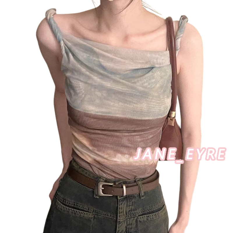 ย้อมน้ำมันวาดตาข่ายเสื้อกั๊กผิดปกติสั้น Camisole ผู้หญิงฤดูร้อนปิดไหล่หวานร้อนด้านบน JN - รูปที่ 6