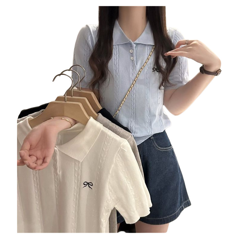 GAKKI เสื้อยืดคอโปโลแขนสั้นผ้าถักปักโบว์ผู้หญิง เสื้อโปโลผู้หญิง รุ่นใหม่ รุ่น 3237#
