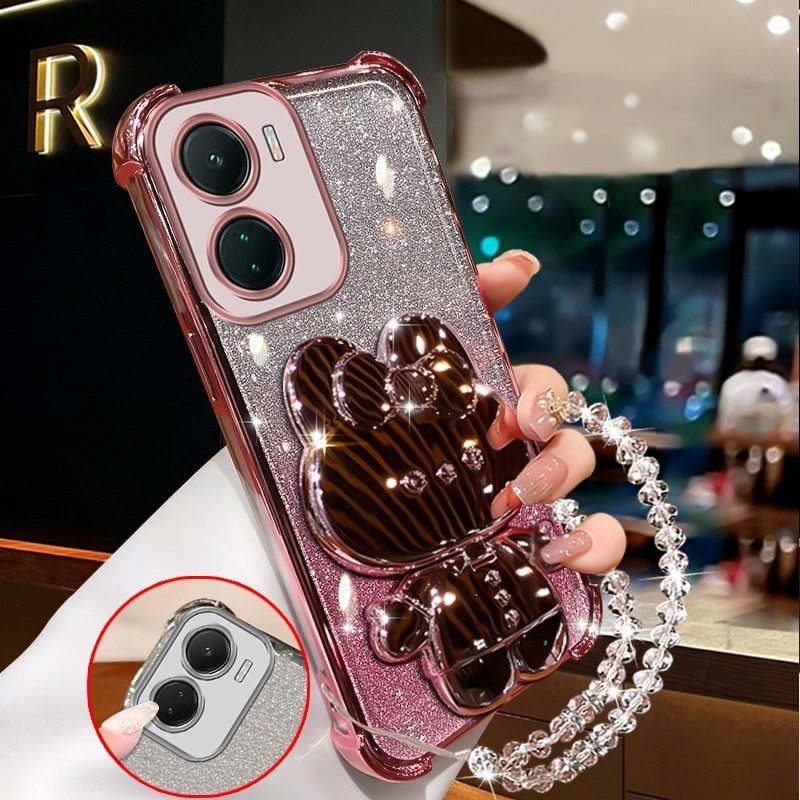 สําหรับVIVO Y16 5G 2022 Y16 4G VIVO Y03 Y18 4G Soft Clearสี่มุมหนาชุบซิลิโคนโทรศัพท์กรณีกระต่ายแต่งหน้ากระจกพร้อมผู้ถือซิลิโคนกรณีXXXDA