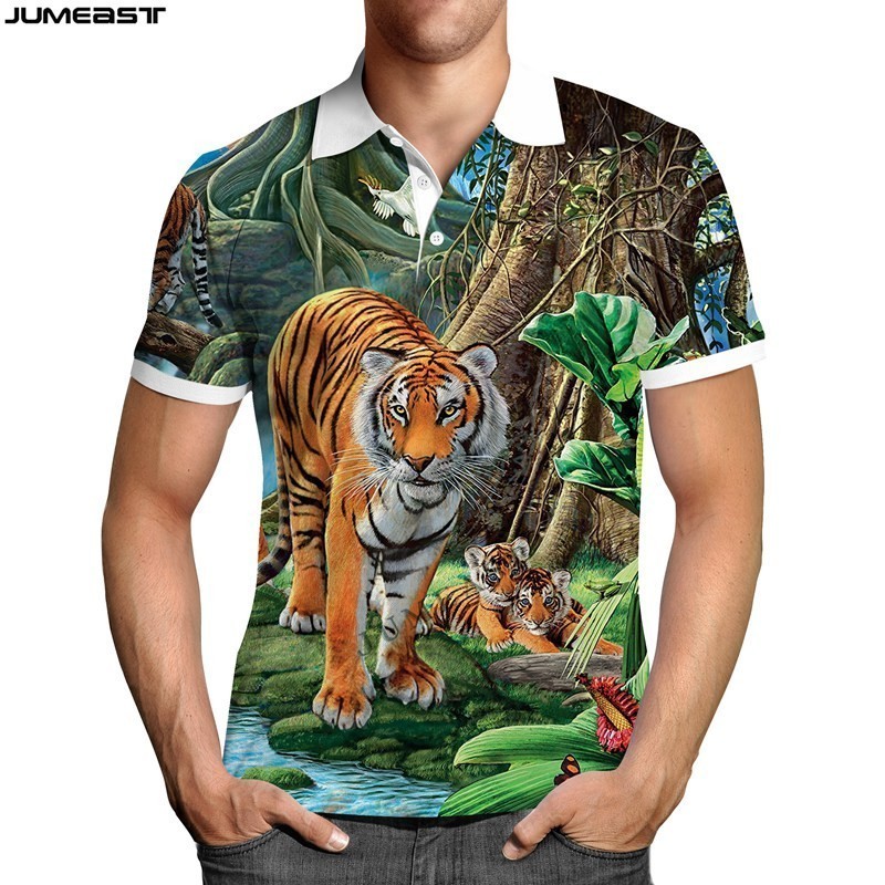 Jumeast Y2K เสื้อโปโลแขนสั้น 3D พิมพ์ Tiger Style Hip Hop สําหรับผู้ชายและผู้หญิง