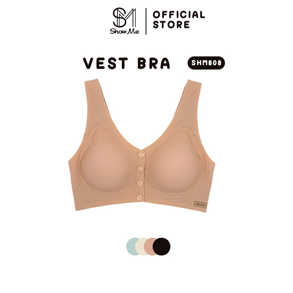 Show Me เสื้อชั้นในสไตล์เสื้อกั๊กไร้โครงมีกระดุมหน้า  รุ่น Vest Bra รหัสSHM808 ไร้โครงสายใหญ่สวมใส่ง่ายโอบกระชับ-สีเนื้อ