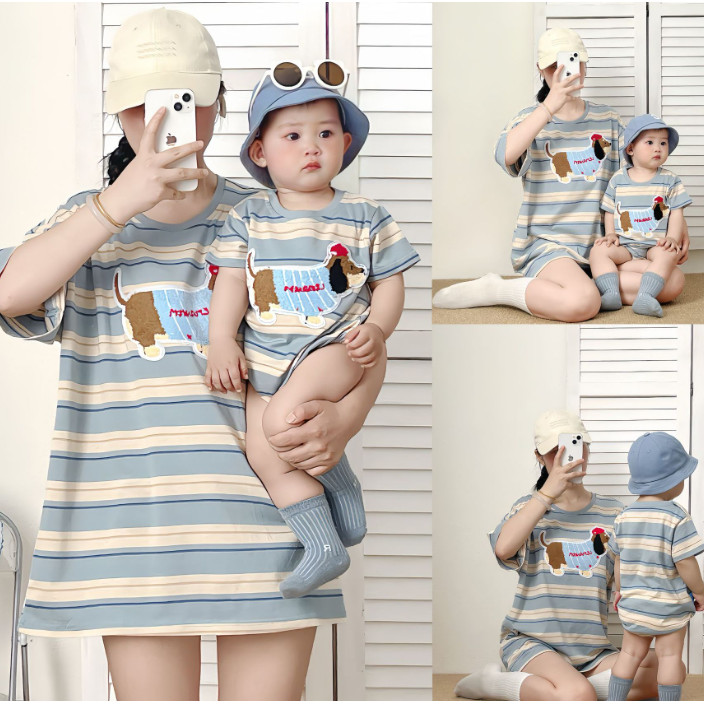 แฟชั่นยอดนิยมพ่อแม่ลูก เสื้อยืดเวอร์ชั่นเกาหลี แขนสั้น ฤดูร้อน ปักลายลูกสุนัข ใส่คู่ ครอบครัวเดินทาง