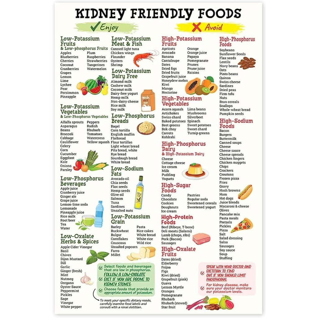 โปสเตอร์รายการอาหารที่เป็นมิตรไต,Kidney Awareness Diet for Beginner, Kidney Diet List, Low Potassium, Shopping List Food Guide For Beginner Kidney Diet Plan List, 30x45cm
