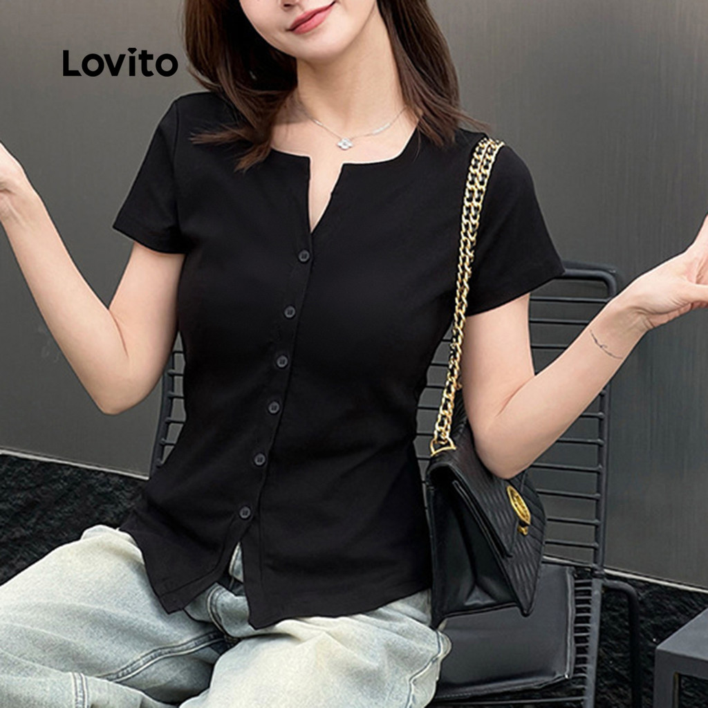 (Trendy) Lovito สบายๆปุ่มธรรมดาแยกด้านหน้าฤดูใบไม้ผลิ/ฤดูร้อนสีดําเสื้อยืดสําหรับผู้หญิง L135A2D216