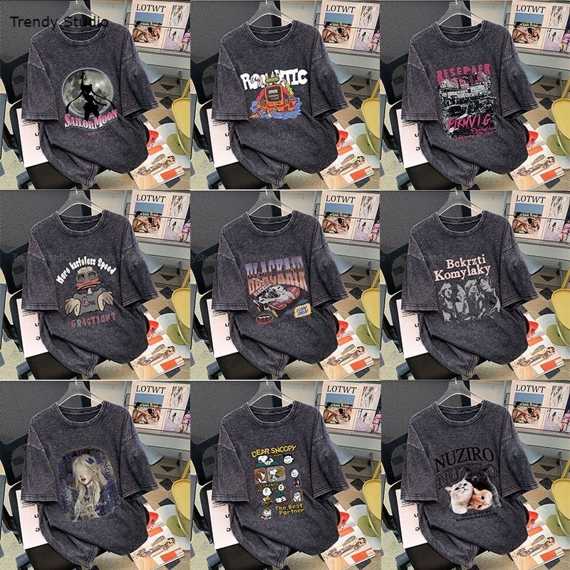 เสื้อฟอกวินเทจชายและหญิง ผ้าคอตตอน 100% oversize เสื้อผ้าแฟชั่นเกาหลี เสื้อยืดคู่กับแฟนโอเวอร์ไซส์ผู้หญิงเท่ๆ กําลังฮิต