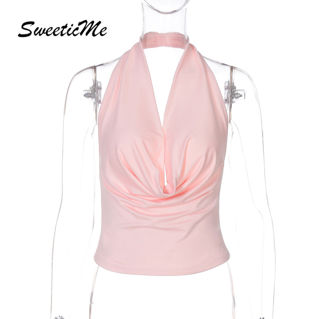 SweeticMe ผู้หญิง 2025 ใหม่แฟชั่นเซ็กซี่คอวีลึกสีทึบ Street All Match Halter เสื้อกล้าม ราคา ถูกที่สุด ดีลบีเคเค แกลเลอรีภาพที่ 7