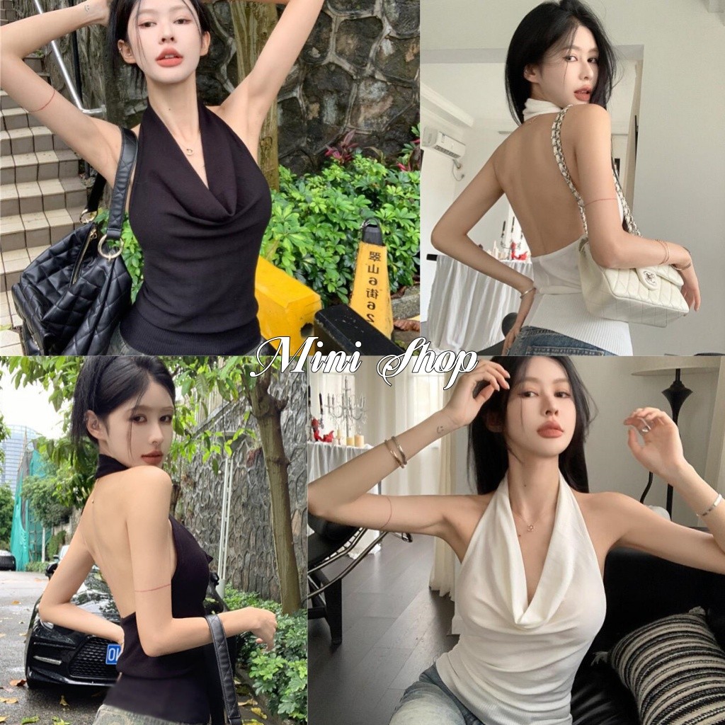Mini shop🌸พร้อมส่ง🌸(8K131) เสื้อกล้าม คล้องคอ เปิดหลัง สีพื้น ดีเทลเว้าหลังเซ็ก สีพาสเทล ใส่สบายเซ็กซี่