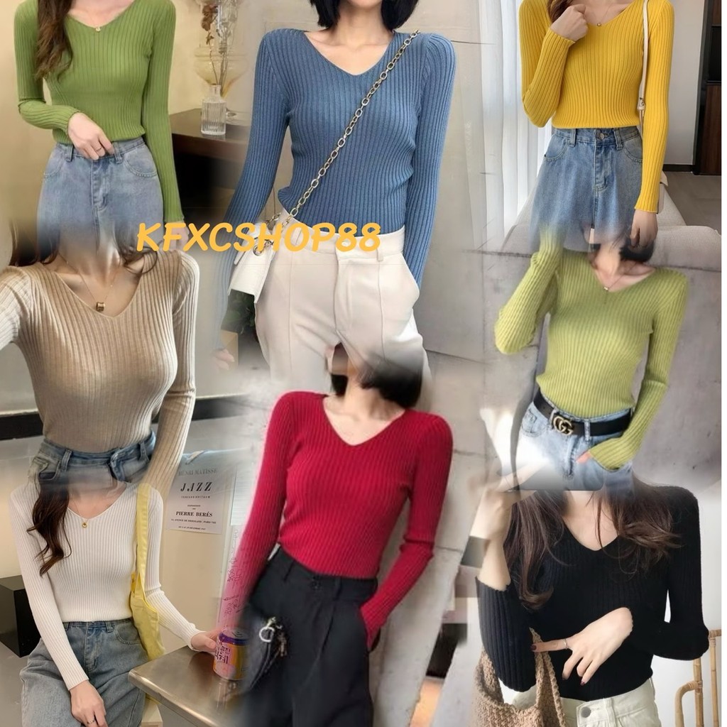 🔹พร้อมส่ง🔹เสื้อคอวีแขนยาว ร่องใหญ่ ไหมพรม #9911