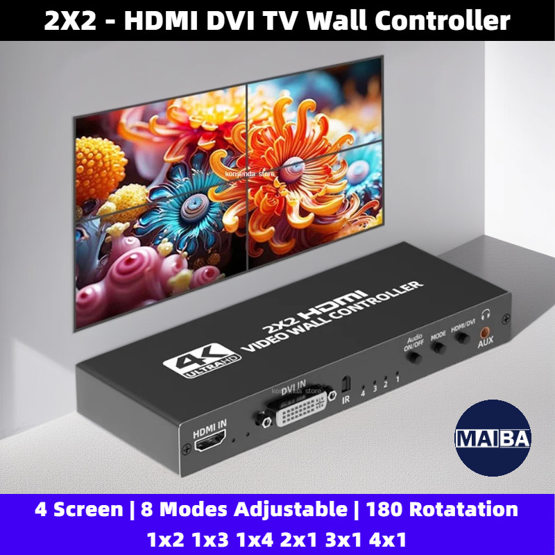 2x2 Video Wall Stitching โปรเซสเซอร์ 4K 1080P HDMI DVI TV Wall Controller 4 หน้าจอ 8 โหมดปรับ 180 Rotatation