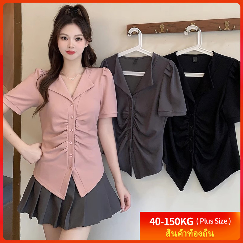 เสื้อยืดโอเวอร์ไซส์ (45-100 กก.) คอปกฝรั่งเศส ผู้หญิง เสื้อแขนสั้นธรรมดา พลัสไซส์ เสื้อยืดกระดุม