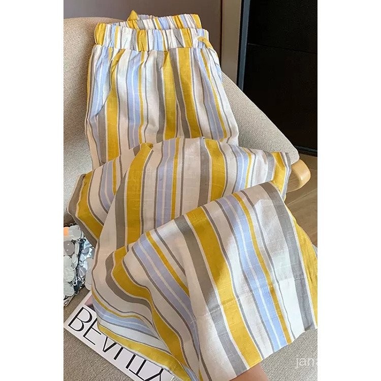 ขนาดใหญ่พิเศษ 80-300 ปอนด์ กางเกงลำลองเอวยางยืดลายทางแนวตั้งลดอายุ สีสันสดใส กางเกงขากว้างหลวมฤดูร้อน