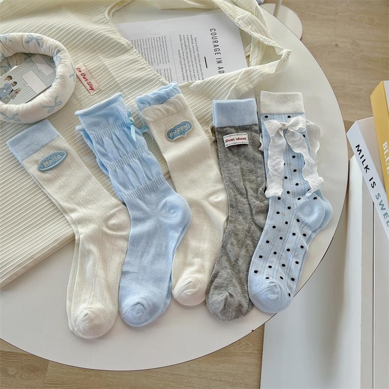 Sea Salt Cheese Blue Series Mid-Tube Womens Socks Polka Dot Bow Cloth Label สไตล์เกาหลี ins Sweet Curling Socks