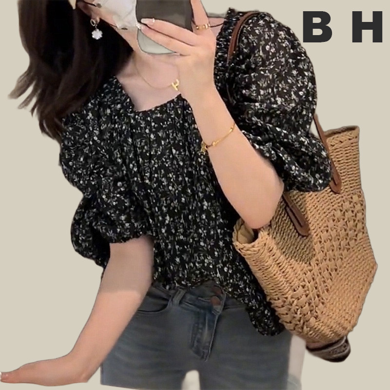 Bh เสื้อแขนสั้น เปิดไหล่ข้างเดียว คอสี่เหลี่ยม ลายดอกไม้ ทรงหลวม สําหรับผู้หญิง