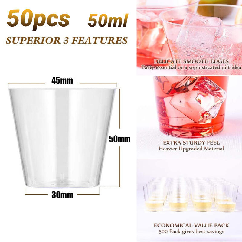 50pcs 50ml ถ้วยพลาสติกใสแบบใช้แล้วทิ้งเหมาะสําหรับถ้วยปาร์ตี้ที่บรรจุน้ํา ของหวาน ผลไม้ โยเกิร์ต ฯลฯ