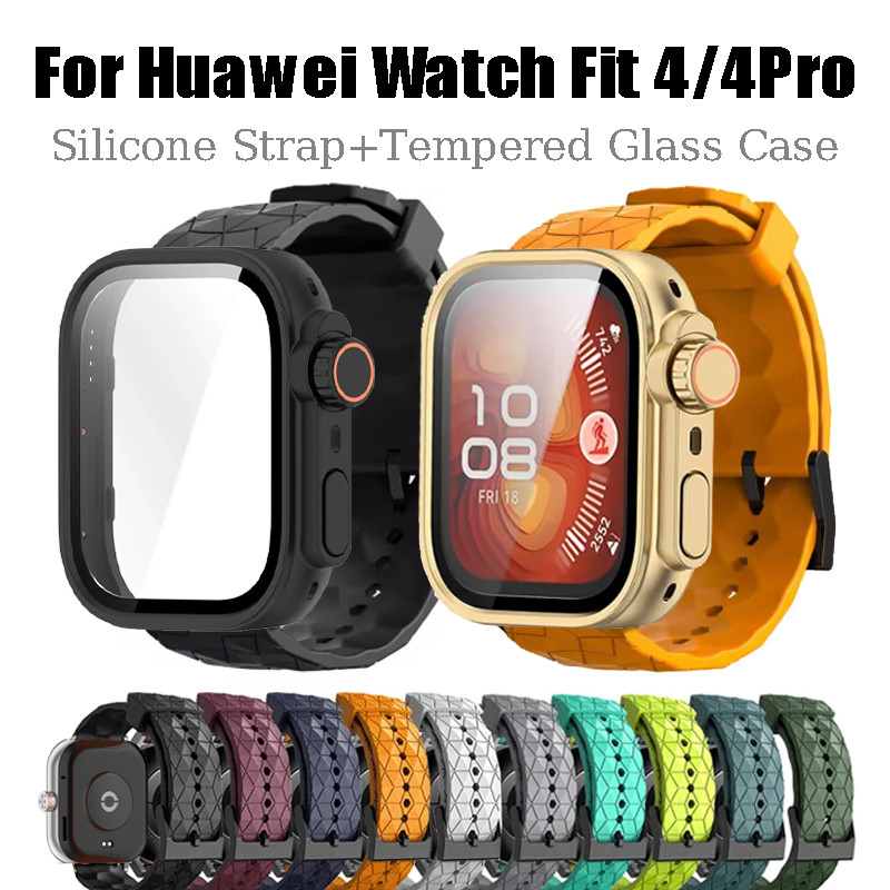 สายซิลิโคน + เคสกระจกสําหรับ Huawei Watch Fit 5 5Pro ลายฟุตบอลสําหรับ Huawei Watch Fit 5 4 Pro Case คลุมทั้งหมด