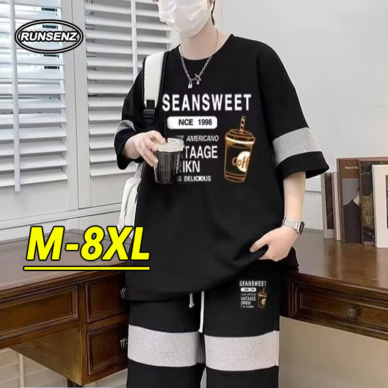 M-8XL Korean Plus Size Waffle Sets Men Short Sleeve T Shirt + Short Pants