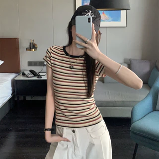 BH ฤดูร้อนผู้หญิงสี-Contrast ลายผ้าฝ้ายนุ่มแขนสั้นเสื้อยืดไหล่ปิดสำหรับ