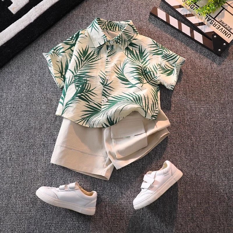 0-5 ปีเสื้อผ้าเด็กผู้ชายชุดใหม่ฤดูร้อนชายหาดเด็กทารกเสื้อแขนสั้นชุดลําลองพิมพ์เสื้อชุดสองชิ้นที่น่ารื่นรมย์หล่อผ้าฝ้าย