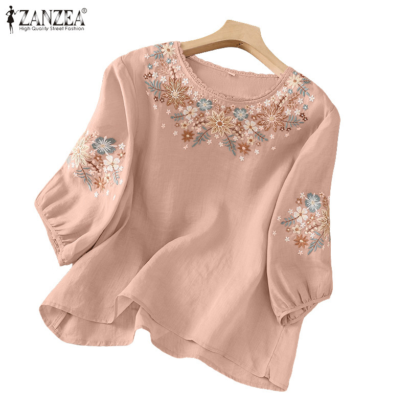 ZANZEA ซานเซีย เสื้อลายดอกไม้สำหรับผู้หญิงสไตล์เกาหลีวินเทจคอกลมแขนยาว 3/4