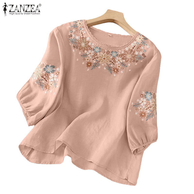 ZANZEA ซานเซีย เสื้อลายดอกไม้สำหรับผู้หญิงสไตล์เกาหลีวินเทจคอกลมแขนยาว 3/4