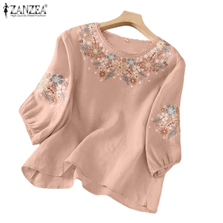 ZANZEA ซานเซีย เสื้อลายดอกไม้สำหรับผู้หญิงสไตล์เกาหลีวินเทจคอกลมแขนยาว 3/4