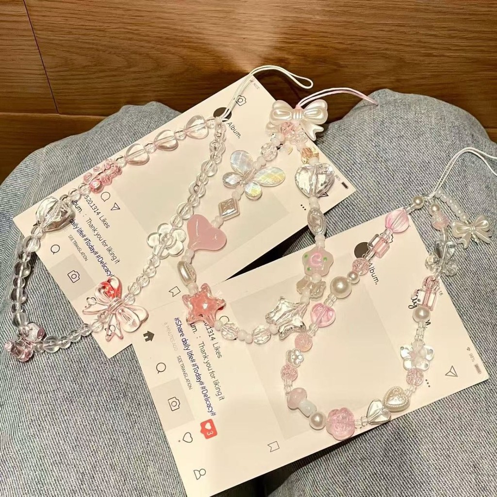 เกาหลีสีชมพู Bowknot จี้ลูกปัดโทรศัพท์สําหรับ iPhone แฟชั่นแขวนเชือกผู้หญิง Anti-lost Lanyard เครื่องประดับ Charm สายคล้องของขวัญ