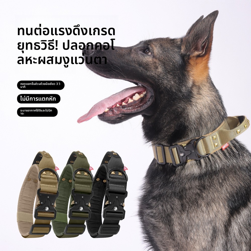 สายจูงสุนัขใหญ่ สายคล้องคอแบบทหาร ทนแรงดึงสูง มีหูหิ้วควบคุม วัสดุแข็งแรง ปลอดภัย สำหรับหมาดุ