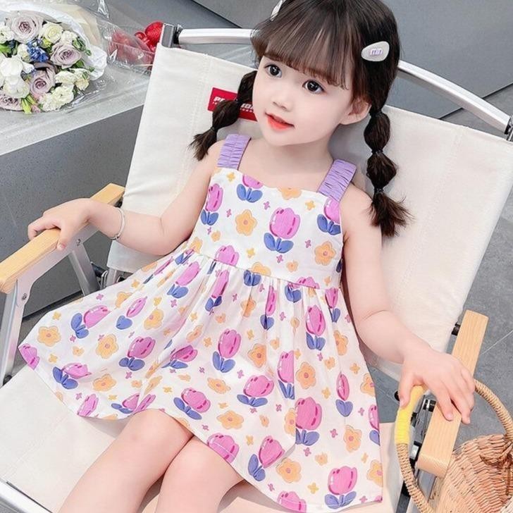 ชุดเด็กใส่สบาย ชุดเดรสลูกสาวสายเดี่ยวโบว์หลังลายทิวลิปสีม่วง สืชมพูน่ารักๆ ไซส์ เหมาะสำหรับอายุ1-10ปี "DA-I"
