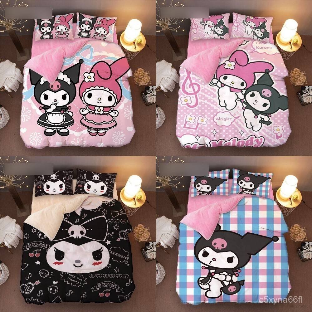 Yelan My Melody Kuromi 3in1 Bedding Set Bed Sheet Quilt Cover Bedroom Washable Comfortable Suit