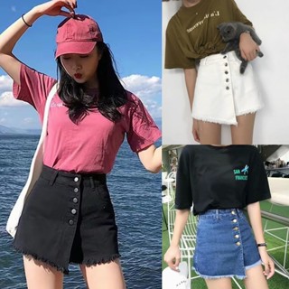 💖🌻MKL🌻💖 กางเกงกระโปรงผ้ายีนส์ เอวสูงสำหรับผู้หญิง ผ้าไม่ยืด …