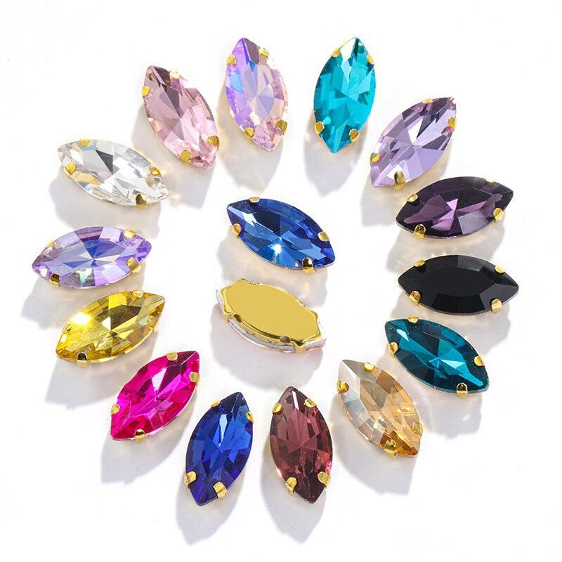 50 ชิ้น 7*15 มิลลิเมตร/9*18 มิลลิเมตร Navette รูปร่าง Rhinestone พร้อม Gold Claw คริสตัลสําหรับรองเท้าเสื้อผ้ากระเป๋าทํา