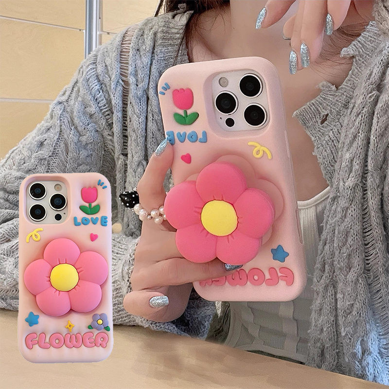 3D พร้อมขาตั้ง สําหรับ OPPO Reno13 5G Reno 14 14Pro 13 13Pro 11Pro 12 12Pro 5 4Z เคสมือถือ Soft TPU Case เคสป้องกัน Cute Love Flowers Cover เคสกันกระแทก เคสซิลิโคน With Bracket
