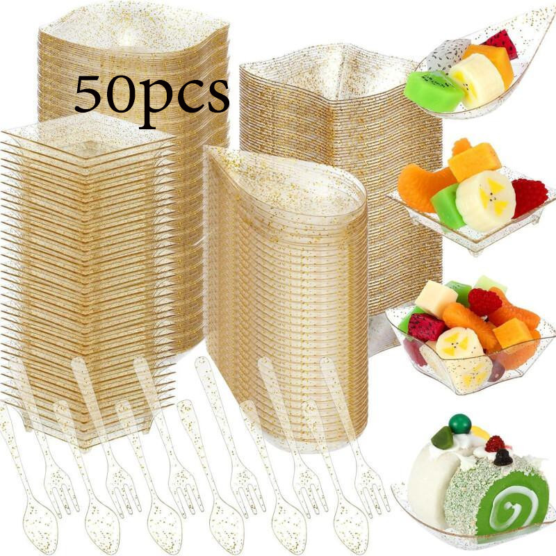 50pcs จานรองพลาสติกผงทองทิ้ง ชุดจานอาหารพลาสติก Disposable Tableware