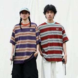 CLIFF เสื้อยืดแขนสั้น การออกแบบลายทาง สีต่อ แบบหลวมลำลอง ฤดูร้อนรุ่นใหม่
